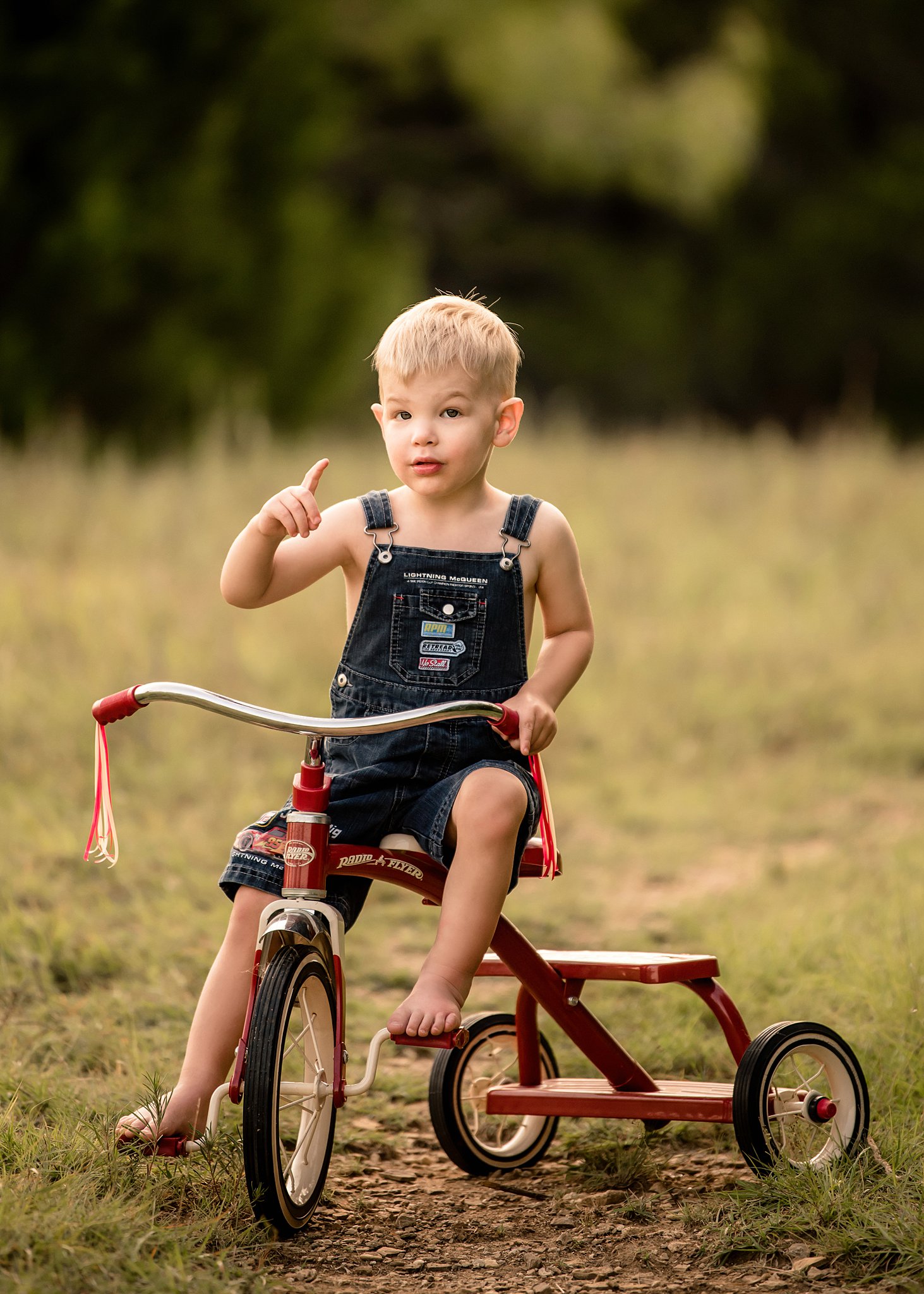 boy in blue overalls rides a tricycle in a field
