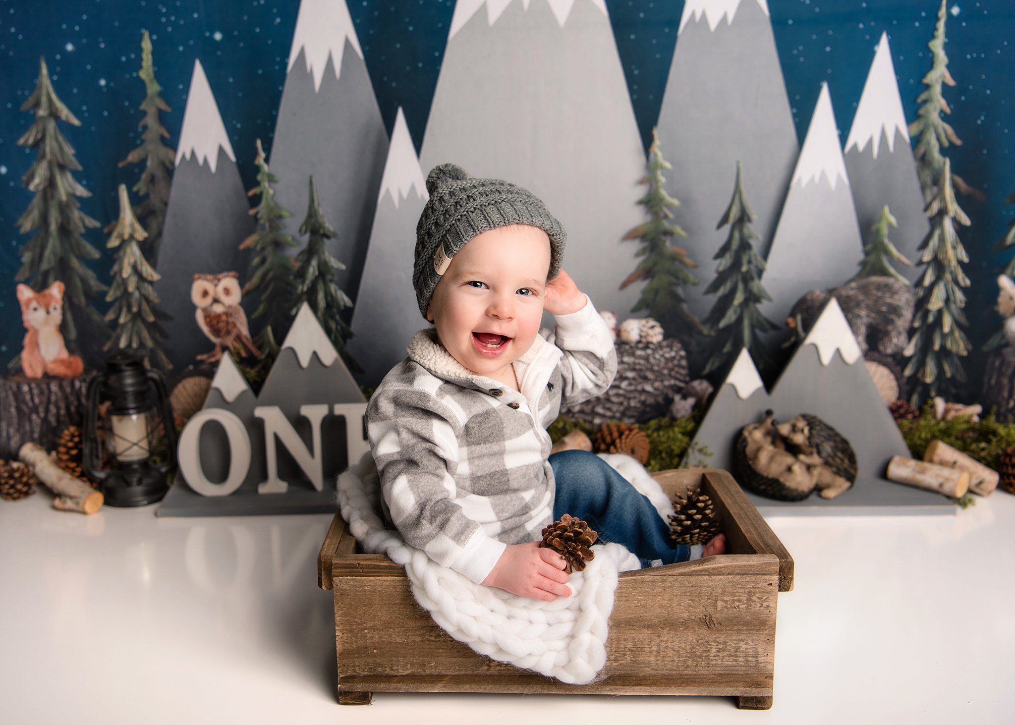 A toddler celebrates his first birthday while sitting in a wooden box wearing a plaid sweater and knit beanie in front of a snowy mountain background things to do in waco tx with toddlers