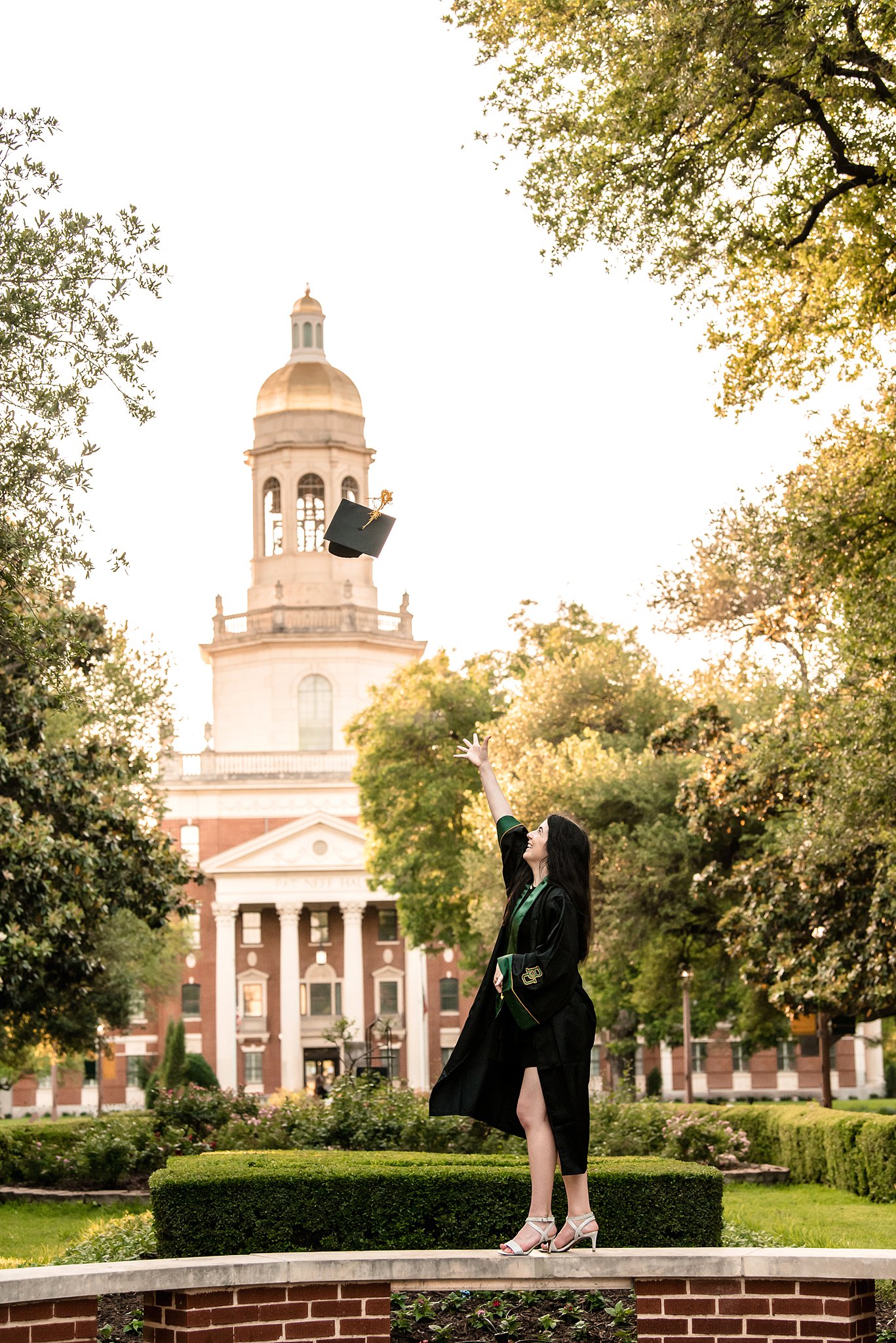 A Baylor graduate tosses her cap while standing on a short brick wall in a garden and wearing her robes at one of the colleges waco texas